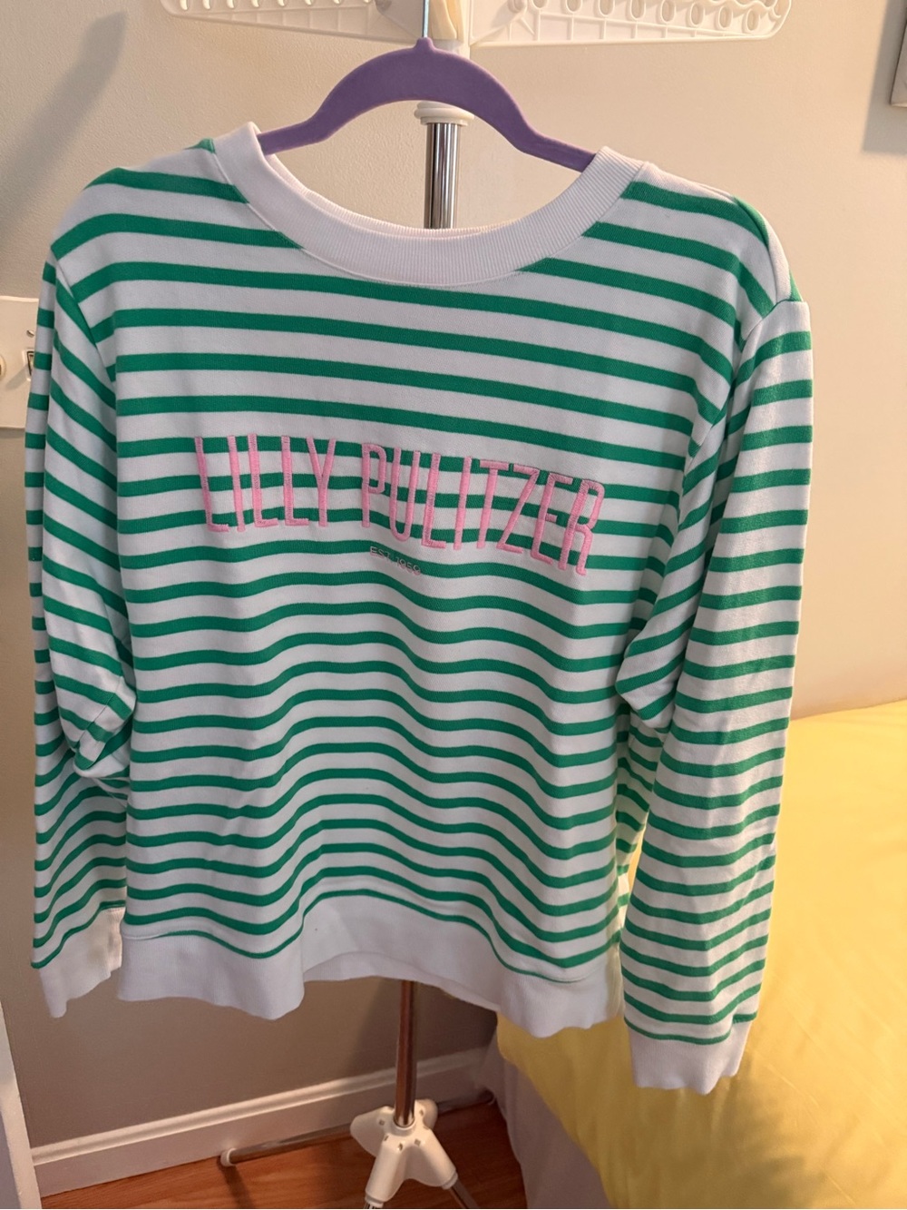 Lilly Pulitzer Green & White Striped Long Sleeve Sweatshirt with Pink Logo